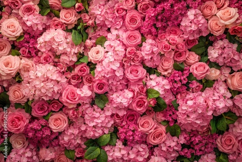 Pink Rose and Flower Wall, Lush Floral Arrangement with Soft Pastel Blooms, Romantic Decor
