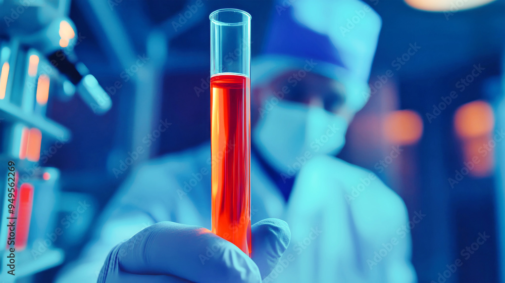 A doctor holds a test tube filled with red liquid, preparing for a crucial blood test check in a stylish, modern laboratory A doctor holds a test tube filled with red liquid, preparing for a crucial blood test check in a stylish, modern laboratory