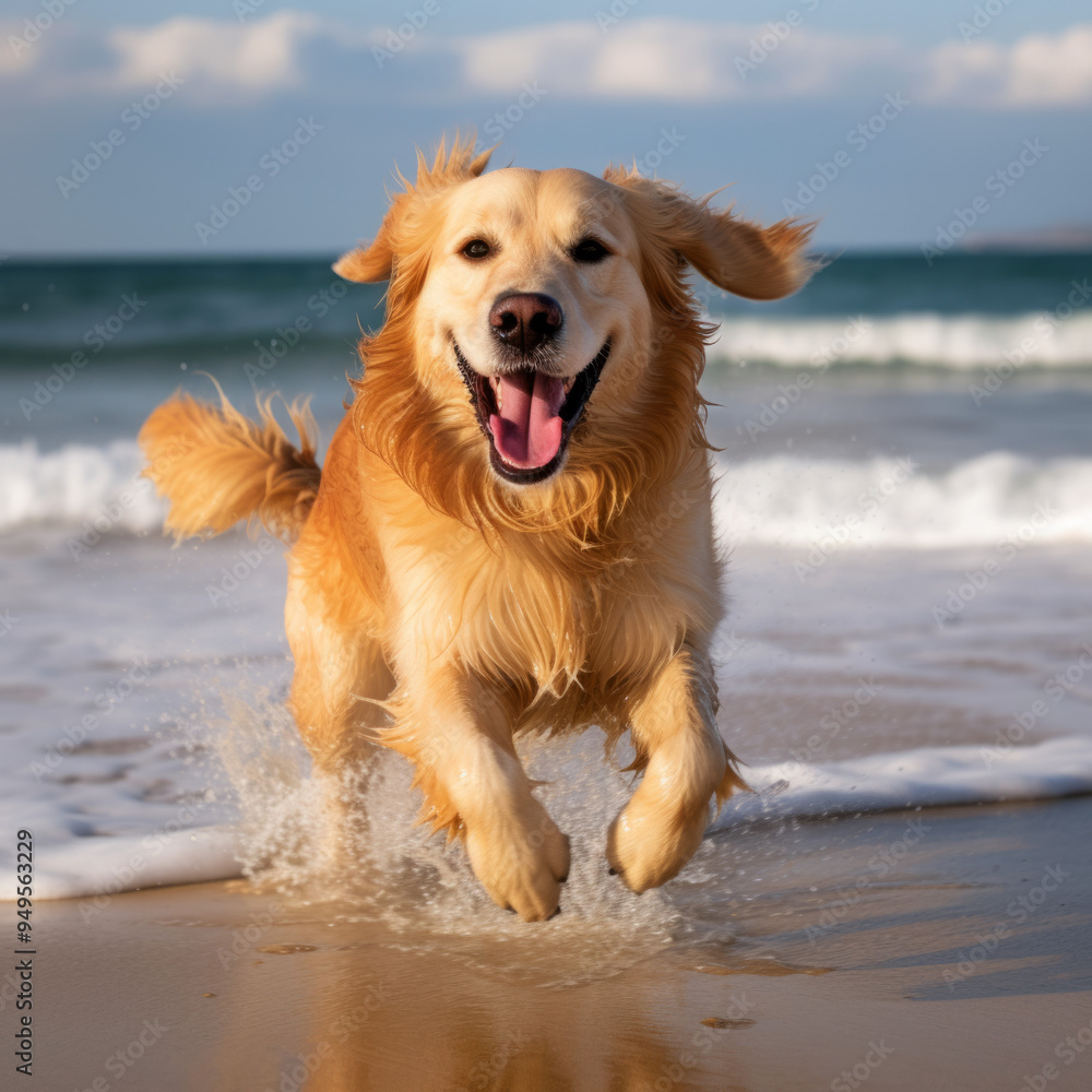 Golden Retriever Running on sandy beach Golden Retriever Running on sandy beach