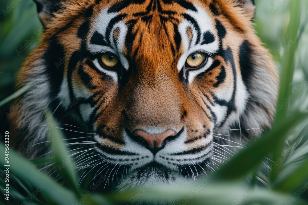 Close-up of a Tiger's Face Through Green Foliage Close-up of a Tiger's Face Through Green Foliage