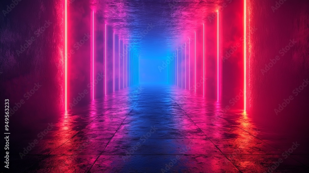 Fototapeta premium Futuristic neon-lit corridor with pink and blue lights