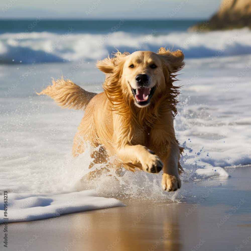 Golden Retriever Running on sandy beach Golden Retriever Running on sandy beach