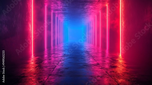 Futuristic neon-lit corridor with pink and blue lights