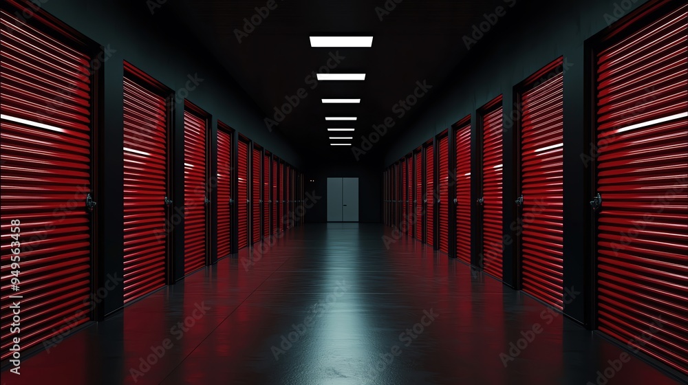 Fototapeta premium A modern storage facility corridor featuring red storage units, illuminated by overhead lights creating a sleek atmosphere.