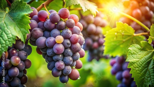 Catawba grapes cluster together, ripe and juicy, amidst lush green foliage, shot from a low angle, morning dew, warm lighting, inviting, a realistic photo image. photo