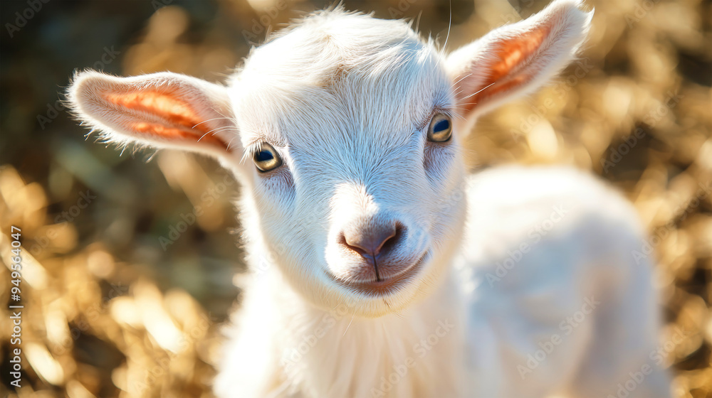 Obraz premium A baby goat with sparkling eyes looks curiously at the camera, embodying innocence and charm in a vibrant, sunlit meadow setting