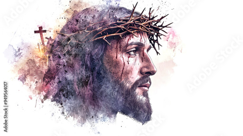 The essence of Jesus in profile, beautifully depicting his crown of thorns and three crosses against a soft, white backdrop photo