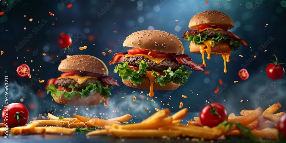 Three Cheeseburgers with Bacon and Fries in Mid-Air Three Cheeseburgers with Bacon and Fries in Mid-Air