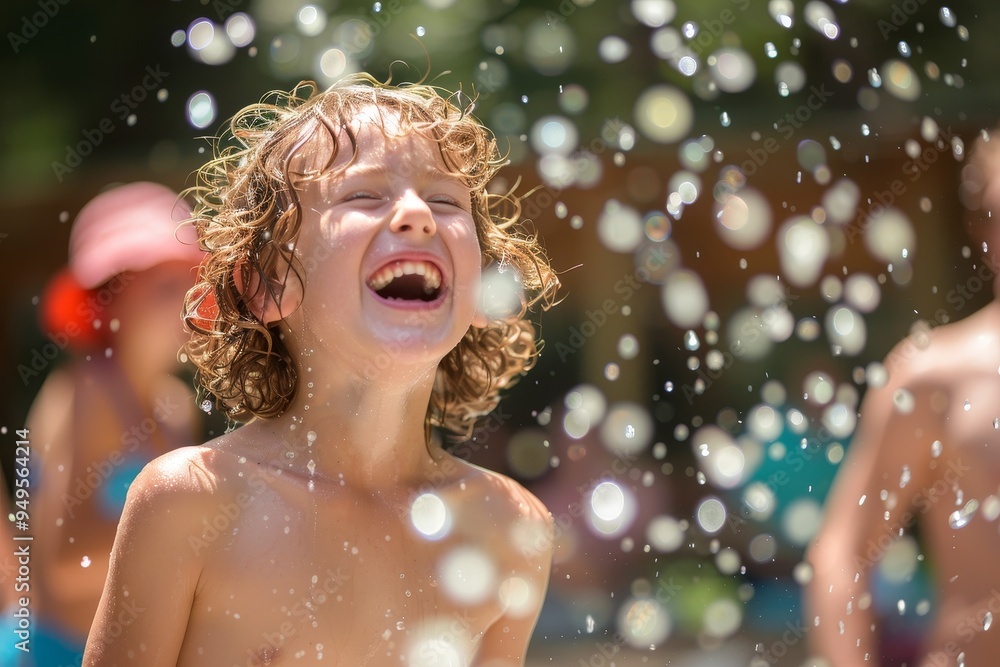 A young boy is filled with joy and laughter while playing in the water, Sounds of laughter and excitement filling the air as summer officially begins A young boy is filled with joy and laughter while playing in the water, Sounds of laughter and excitement filling the air as summer officially begins