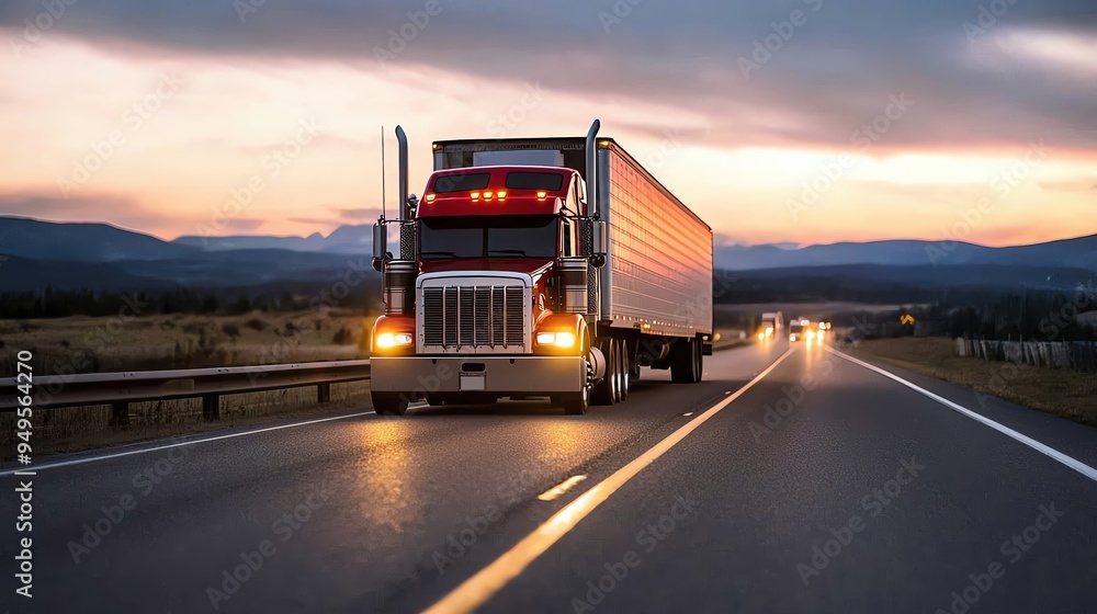 A powerful truck driving along a scenic highway at dusk, showcasing the beauty of logistics and transport. A powerful truck driving along a scenic highway at dusk, showcasing the beauty of logistics and transport.