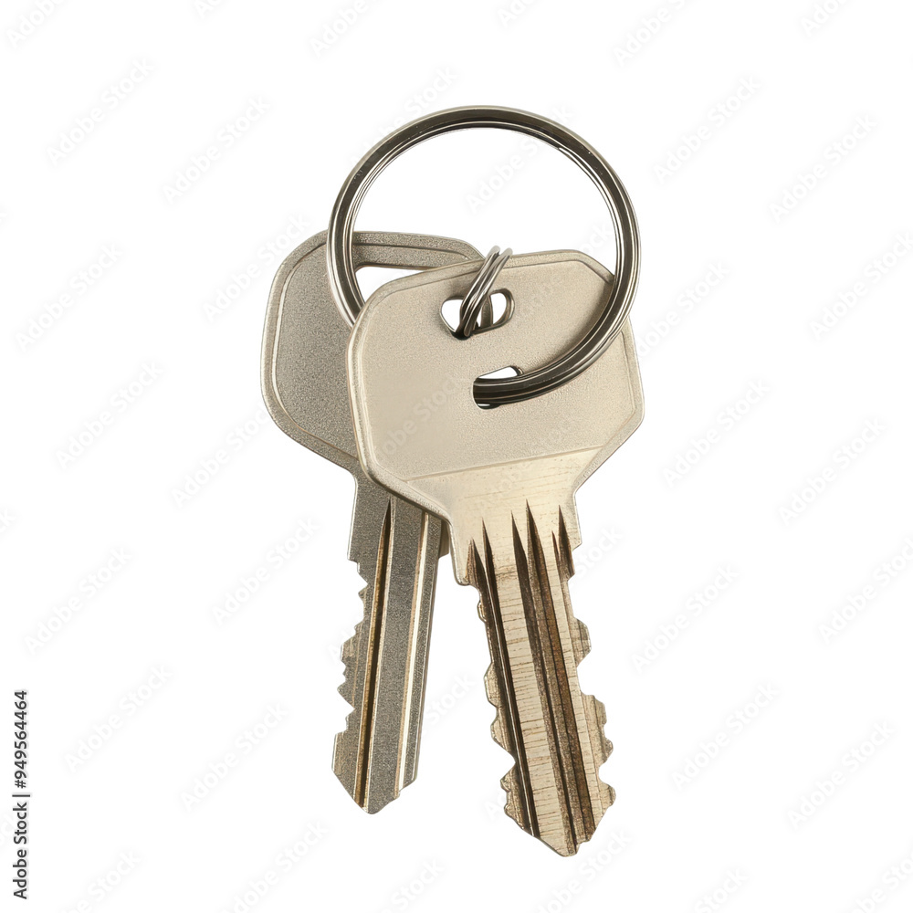 Metal keys on keyring isolated on transparent background, ideal for security-themed designs, digital illustrations, and real estate projects