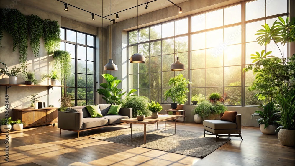 serene minimalistic morning light pours through floor-to-ceiling windows onto lush greenery in a sleek modern apartment with industrial-chic decorative accents and cream-colored walls serene minimalistic morning light pours through floor-to-ceiling windows onto lush greenery in a sleek modern apartment with industrial-chic decorative accents and cream-colored walls