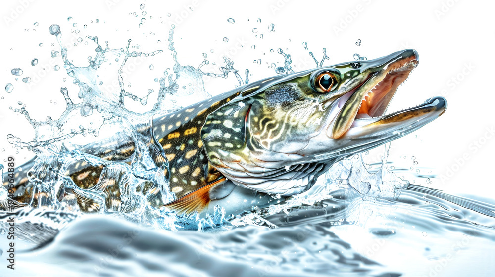 The fierce pike fish erupts from the water, showcasing its characteristic features and power, while water splashes dramatically around it The fierce pike fish erupts from the water, showcasing its characteristic features and power, while water splashes dramatically around it