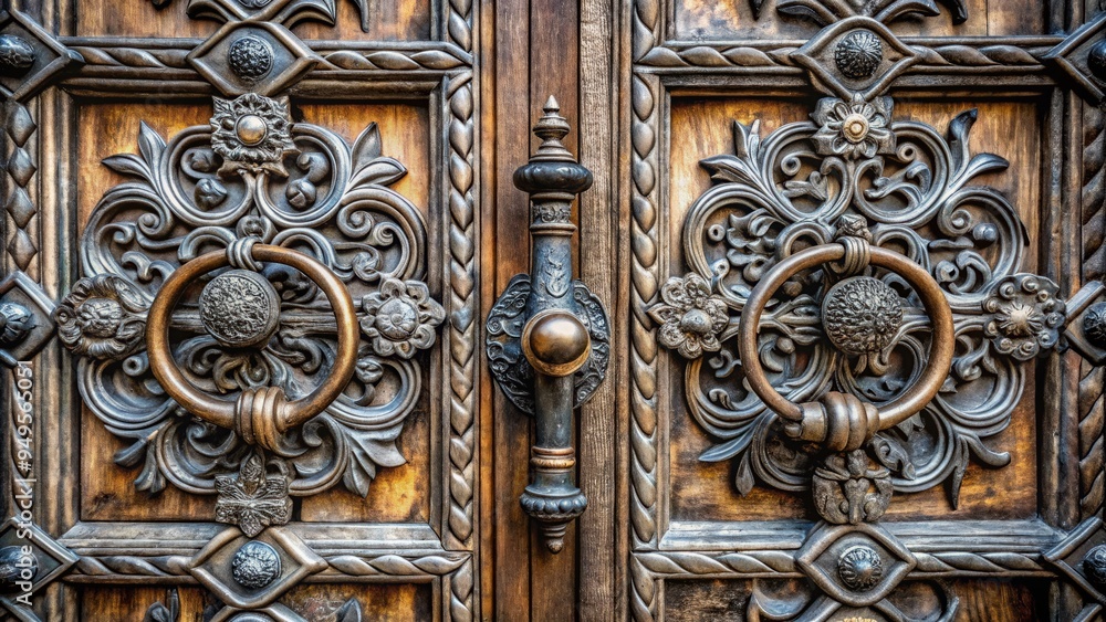 Pewter intricately designed door handles on an ancient stone door, dramatic sidelight highlighting their textures, evoking feelings of grandeur, a realistic photo image. Pewter intricately designed door handles on an ancient stone door, dramatic sidelight highlighting their textures, evoking feelings of grandeur, a realistic photo image.