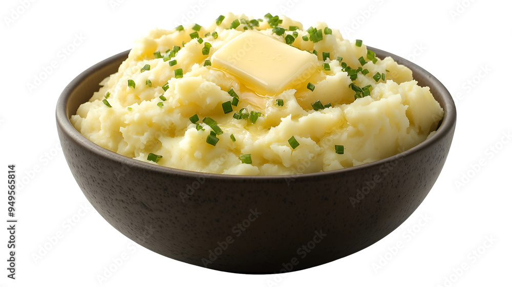 A bowl of creamy mashed potatoes topped with melting butter and fresh chives, presented on a transparent background. A bowl of creamy mashed potatoes topped with melting butter and fresh chives, presented on a transparent background.