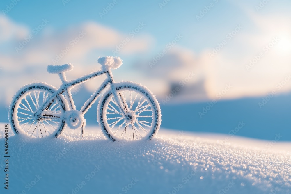 Fototapeta premium pristine snowflakes on a bicycle left in the snow, capturing a quiet winter moment.