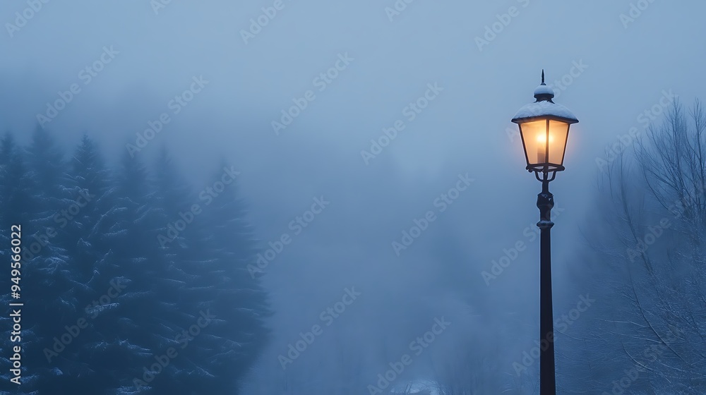 Luminous Street Lamp in a Foggy Forest Luminous Street Lamp in a Foggy Forest