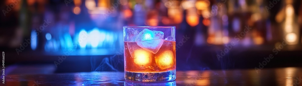 Halloweenthemed mocktail with glowing ice cubes, no people, on a dimly lit bar Halloweenthemed mocktail with glowing ice cubes, no people, on a dimly lit bar
