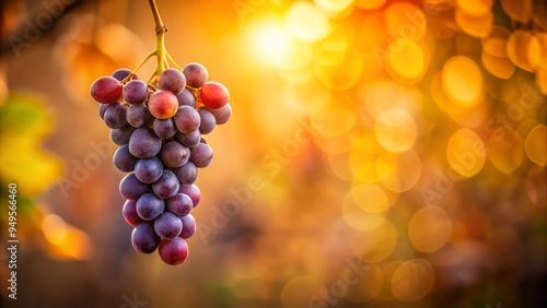 A single Catawba grape hangs from a delicate stem, suspended against a blurred background, macro shot, warm illumination, intimate, a realistic photo image. photo