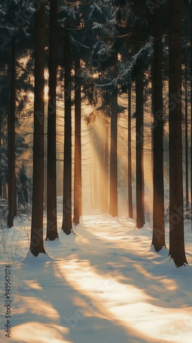 Snow-covered forest with tall pine trees, where sunlight streams through the branches, casting long shadows on the ground. AI generated illustration.