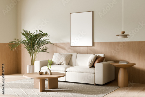 Modern living room with minimalistic decor theme. 3d render.