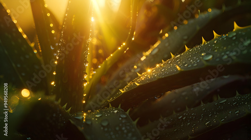 A wet aloe vera plant with sunlight behind it