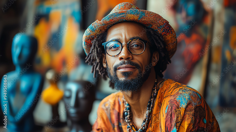 A thoughtful man poses in vibrant attire, surrounded by colorful art, showcasing cultural heritage and creativity. A thoughtful man poses in vibrant attire, surrounded by colorful art, showcasing cultural heritage and creativity.