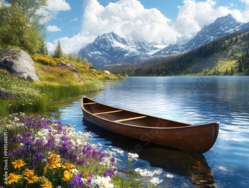 Obraz na płótnie A scenic mountain lake with a canoe docked at the shoreline and wildflowers in bloom w salonie