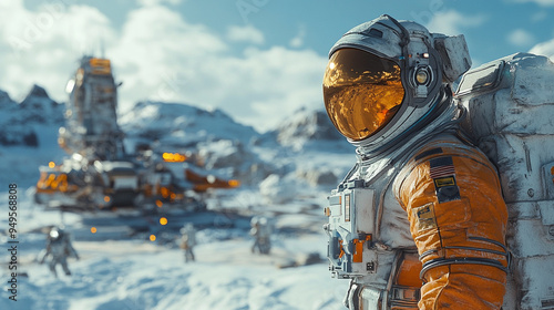 An astronaut explores a snowy landscape on a distant planet, showcasing advanced technology and a unique extraterrestrial environment. photo