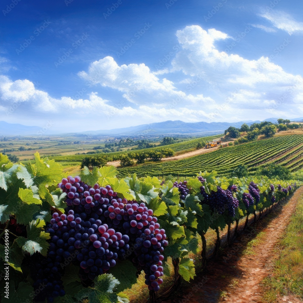 A scenic view of a vineyard during harvest season, with workers collecting grapes