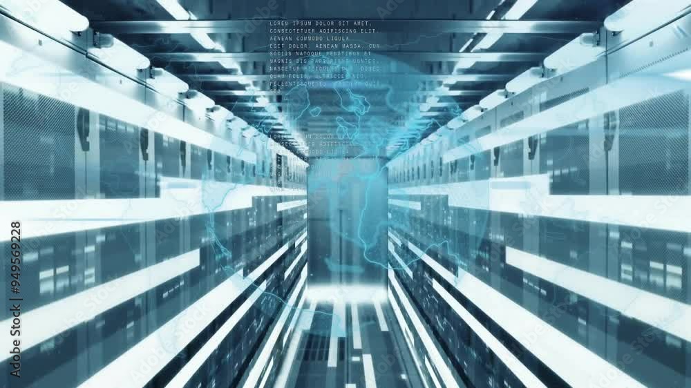 Data processing animation over futuristic server room with glowing lights Data processing animation over futuristic server room with glowing lights