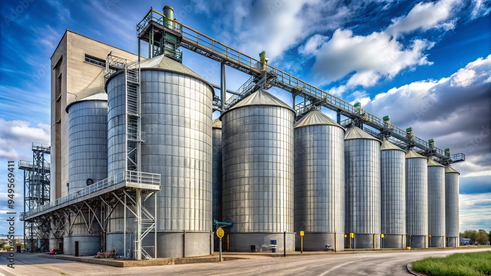 a photo image of storage silos standing tall against a gray industrial backdrop, surrounded by factory equipment and wires. a photo image of storage silos standing tall against a gray industrial backdrop, surrounded by factory equipment and wires.