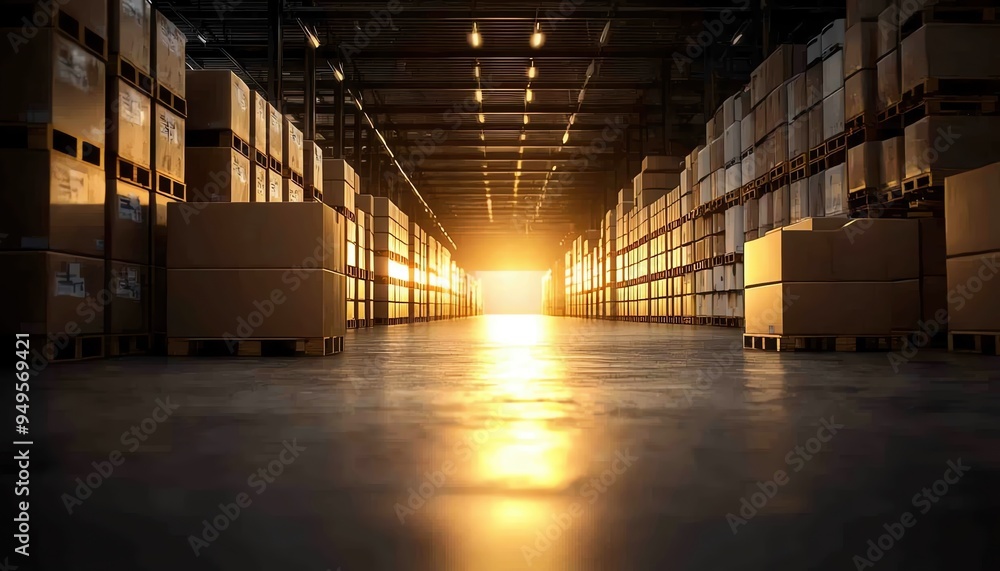 A stunning view of a warehouse filled with boxes, illuminated by warm sunlight shining through the doorway, creating a serene atmosphere. A stunning view of a warehouse filled with boxes, illuminated by warm sunlight shining through the doorway, creating a serene atmosphere.