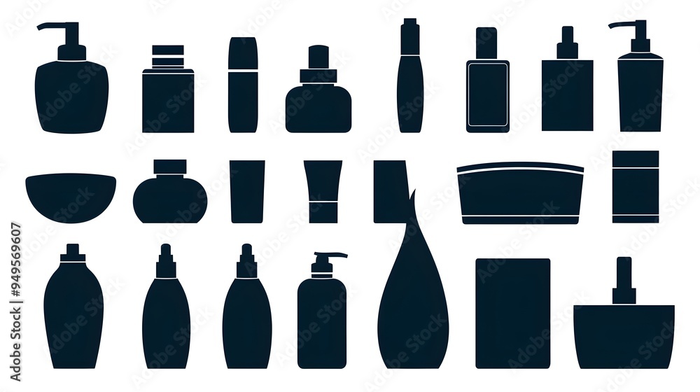Fototapeta premium A silhouette vector illustration set of beauty cosmetic bottles, showcasing various shapes and sizes 