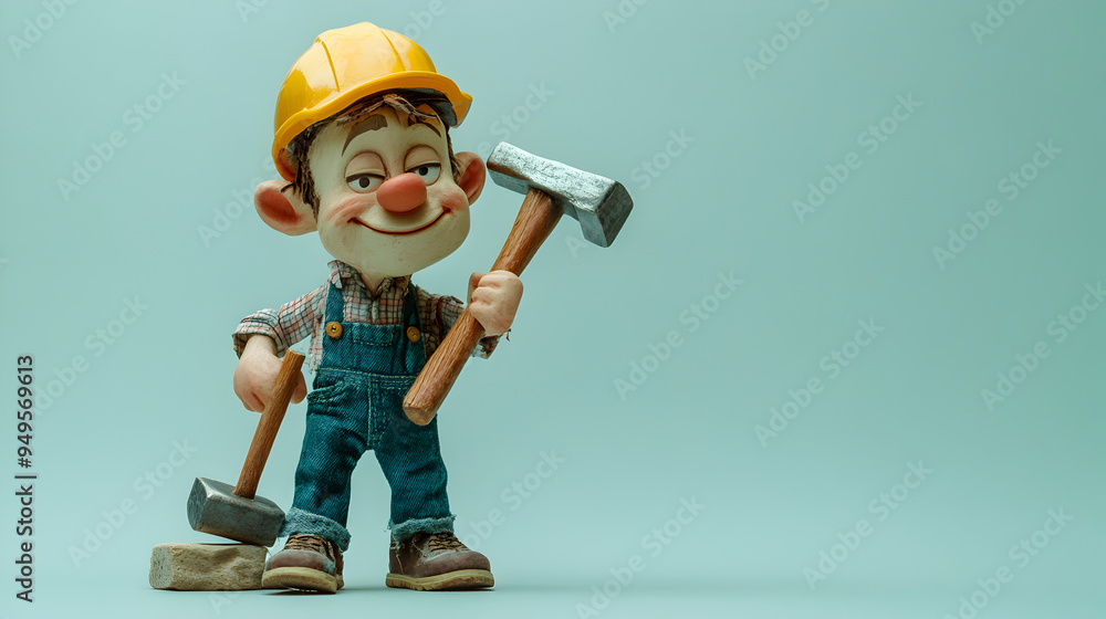 Friendly Construction Worker Holding Hammer in Hardhat on Solid Color Background Friendly Construction Worker Holding Hammer in Hardhat on Solid Color Background