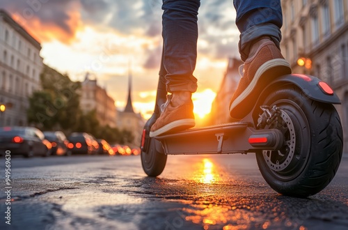 A person on an electric scooter rides in the city at sunset, demonstrating the power and manufacturability of the device photo