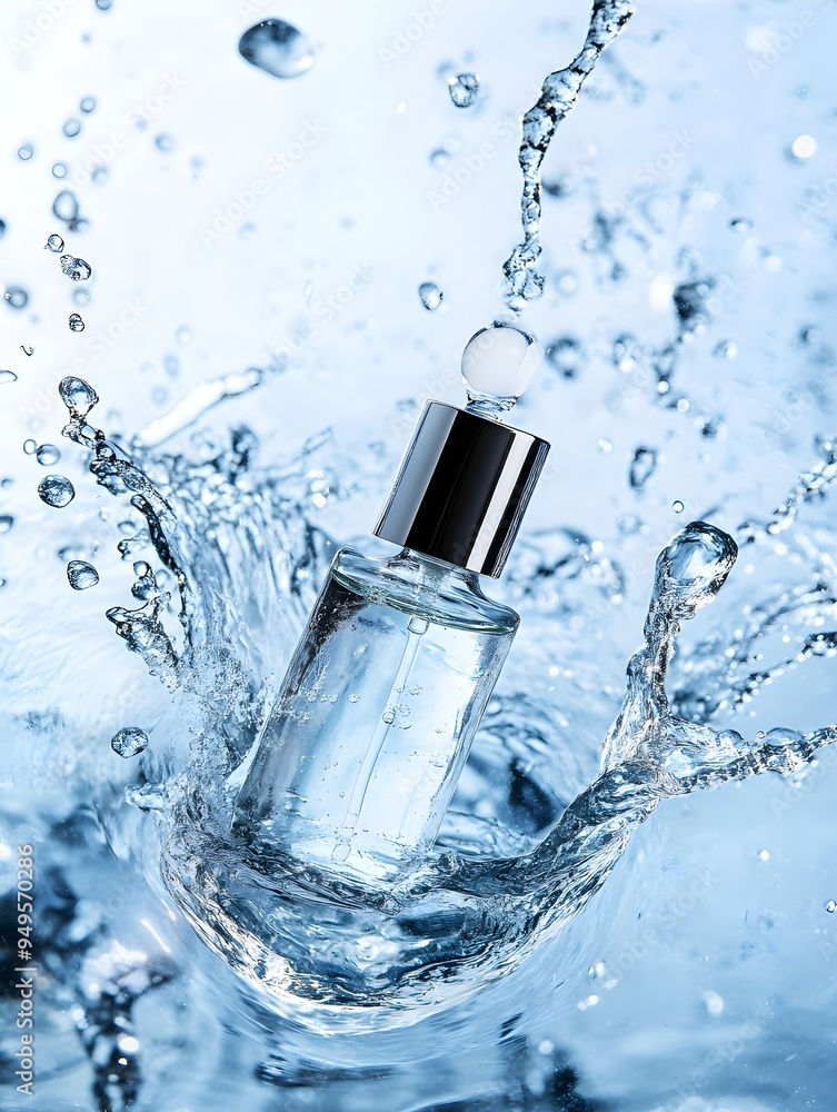 A splash of water with niacinamide serum bottle in the center, emphasizing hydration and freshness A splash of water with niacinamide serum bottle in the center, emphasizing hydration and freshness