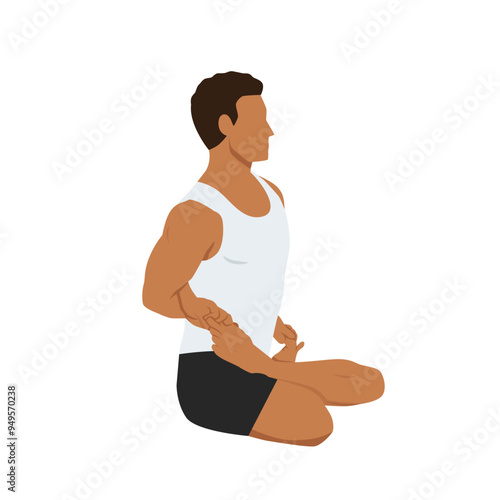 Young man doing Bound lotus or baddha padmasana exercise. Flat vector illustration isolated on white background