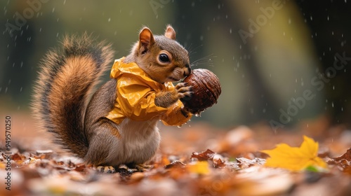 Squirrel in Rain with Acorn