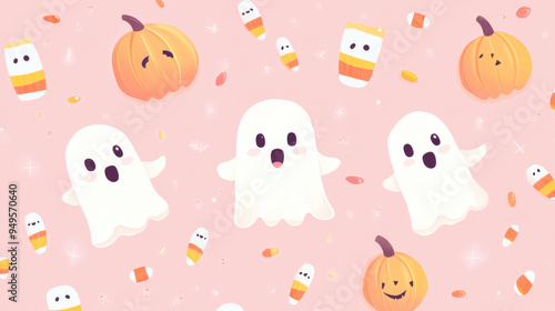 Adorable pastel Halloween card with friendly ghosts and pumpkins, surrounded by candy corn, on a soft pastel pink background.