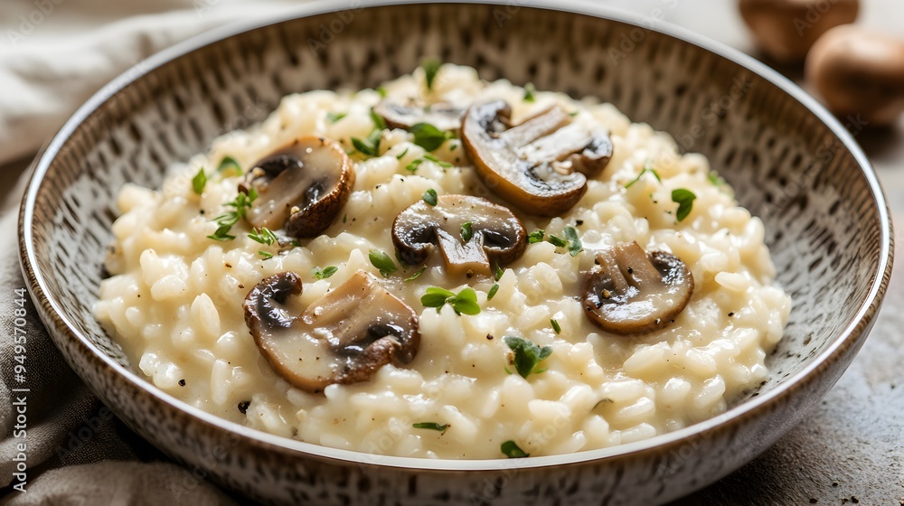 Creamy Mushroom Risotto Dish Served in a Bowl with Garnish Creamy Mushroom Risotto Dish Served in a Bowl with Garnish