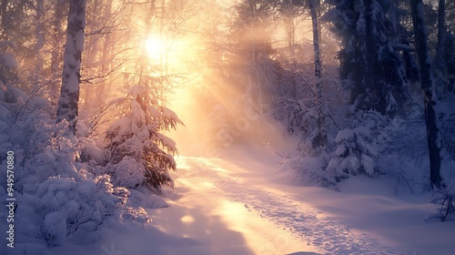 Sunrise in a Snowy Forest