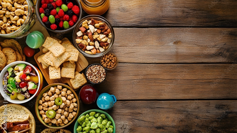 A variety of healthy high-calorie snacks on a wooden table, with copy space on the side A variety of healthy high-calorie snacks on a wooden table, with copy space on the side