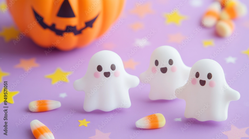 Adorable pastel Halloween card with friendly ghosts and candy corn, on a soft pastel lavender backdrop with stars. Adorable pastel Halloween card with friendly ghosts and candy corn, on a soft pastel lavender backdrop with stars.