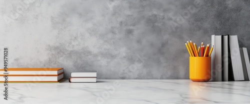 Marble Desk with Office Supplies, Elegant Workspace with Notebook, Pencils, and Plant Decor
