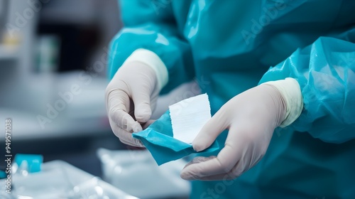 Close up view of surgeon s hands wearing sterile gloves during medical procedure photo