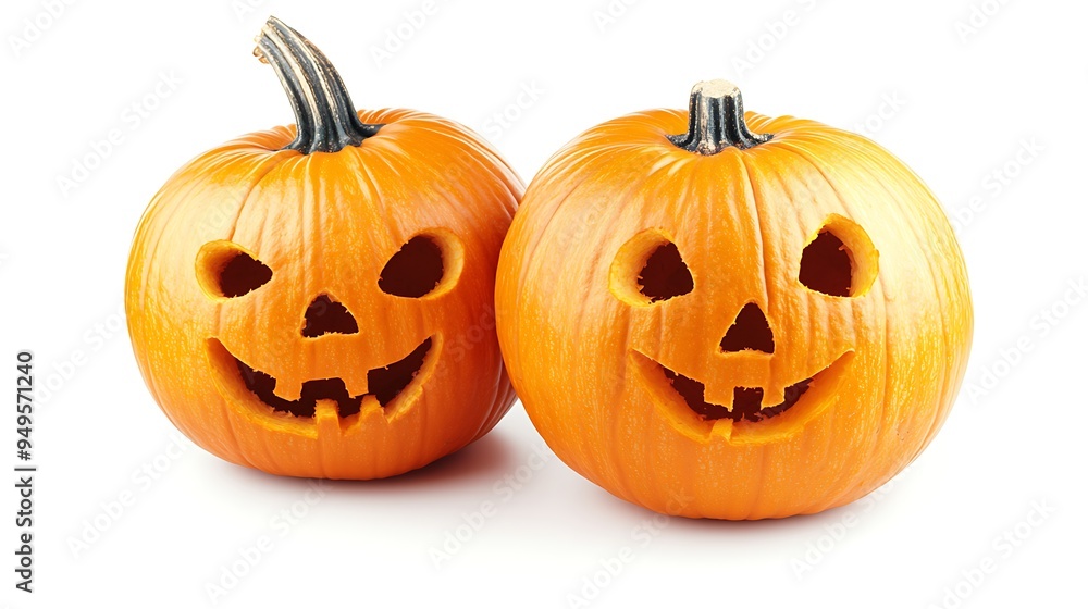 Eerie Pumpkin Faces with Sinister Grins on Isolated White, Eerie Pumpkin Faces with Sinister Grins on Isolated White,