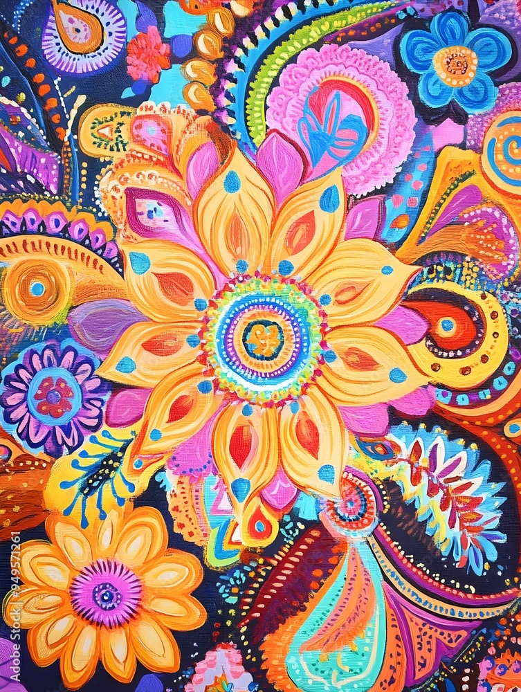 Fototapeta premium A vibrant, floral rangoli pattern with bright colors and intricate designs, set against a soft, glowing background