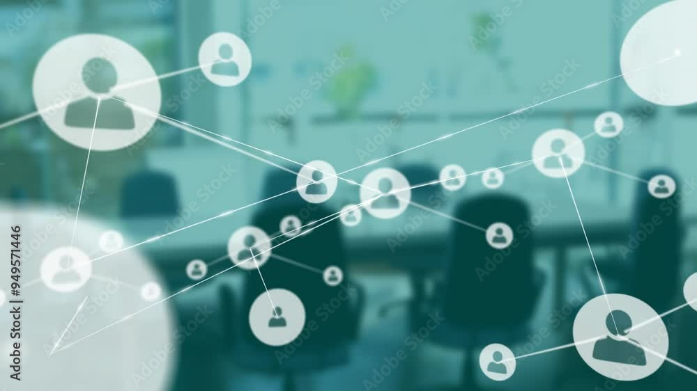 Network of connections animation over office meeting room with empty chairs Network of connections animation over office meeting room with empty chairs