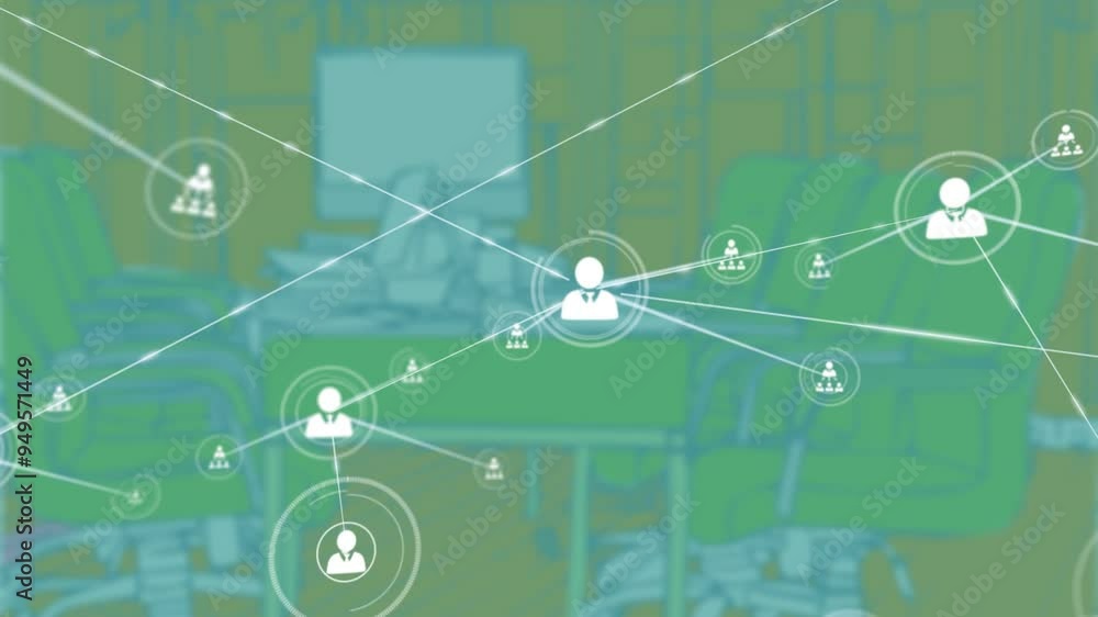 Network of connections and data processing animation over office workspace Network of connections and data processing animation over office workspace